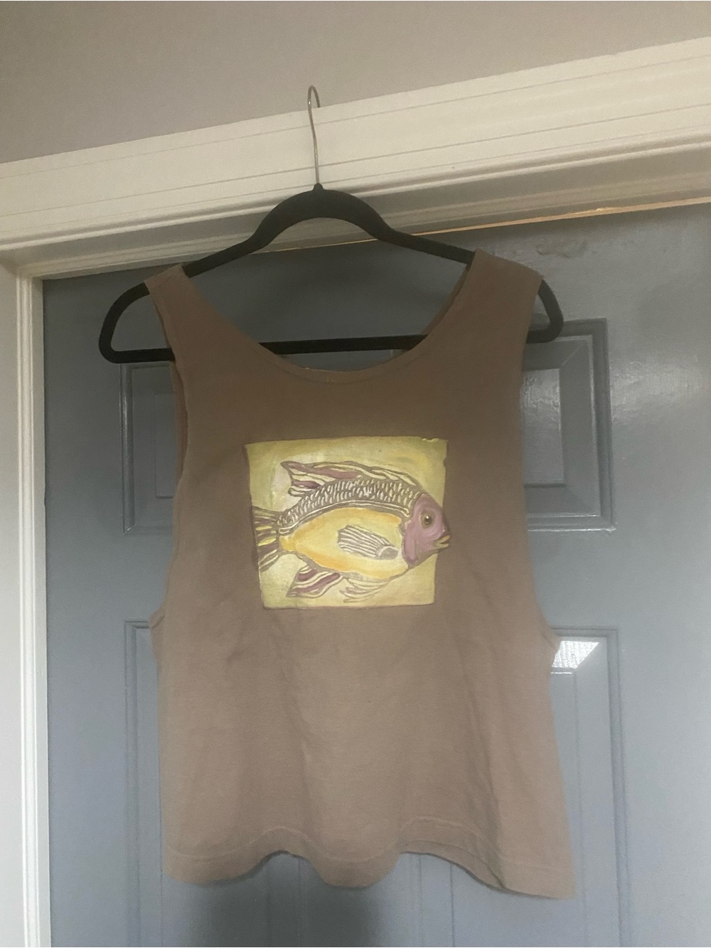 Blue Fish Brown Tank Top with Yellow & Pink Fish Graphic